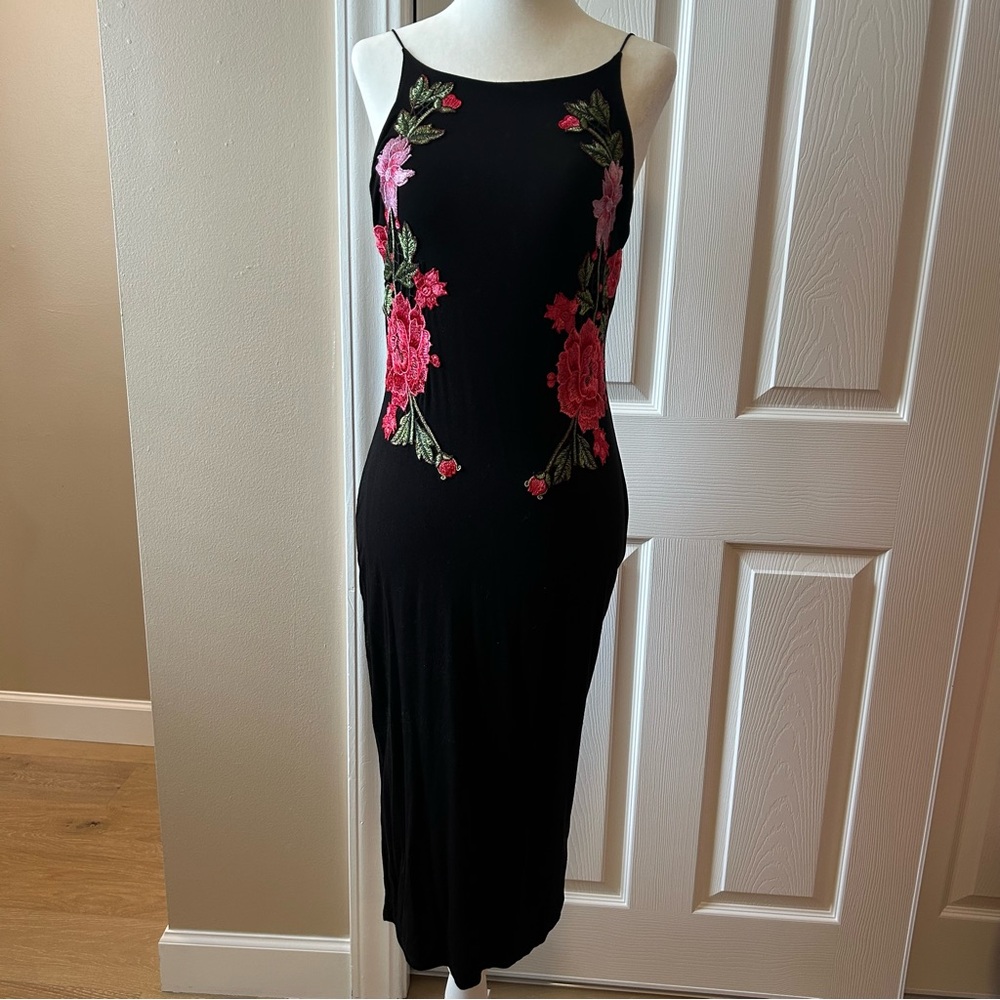 Black Midi Dress with Floral Embroidery